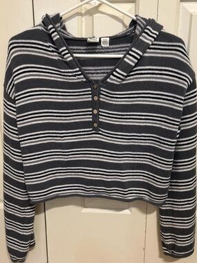Roxy Black & White Striped Hooded Henley Sweatshirt